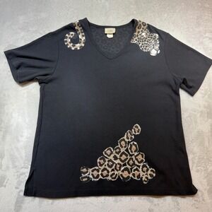Vintage Leopard Print Beaded Ribbed Knit V-Neck Tee Black Large 90s Unique Bold